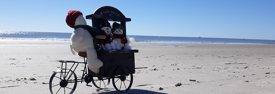 Snowman decoration riding a pedal cart on the beach